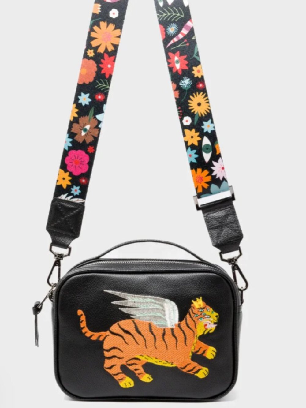 Min & Mon Verto Black Leather Winged Tiger Embroidered Crossbody Bag